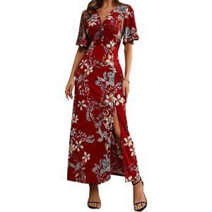 Boho‎ Floral Maxi Dress Twist Knot V Neck Short Sleeve Split L Casual Red NWT
